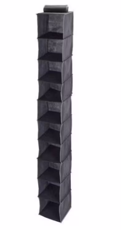 10 riiuliga jalatsite organiseerija mõõtudega 30 × 15 × 120 cm.