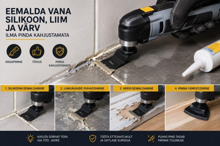 Multitööriista kraapetera eemaldamas vana silikooni ja liimijääke plaaditud pinnalt.