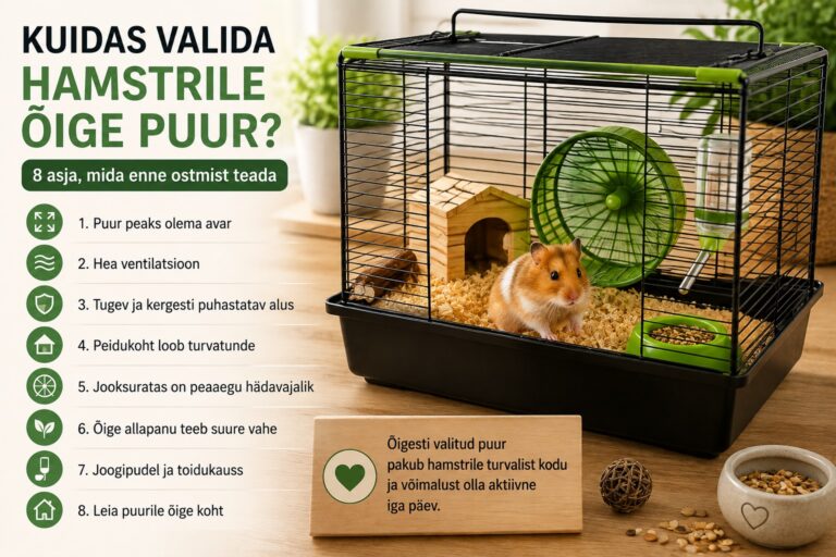 Õnnelik hamster avaras puuris, kus on jooksuratas, peidumaja, joogipudel ja pehme allapanu.